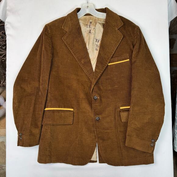Vintage 70s Brown Corduroy Blazer Jacket Western Ivy Hunting Lining Medium - Picture 1 of 10